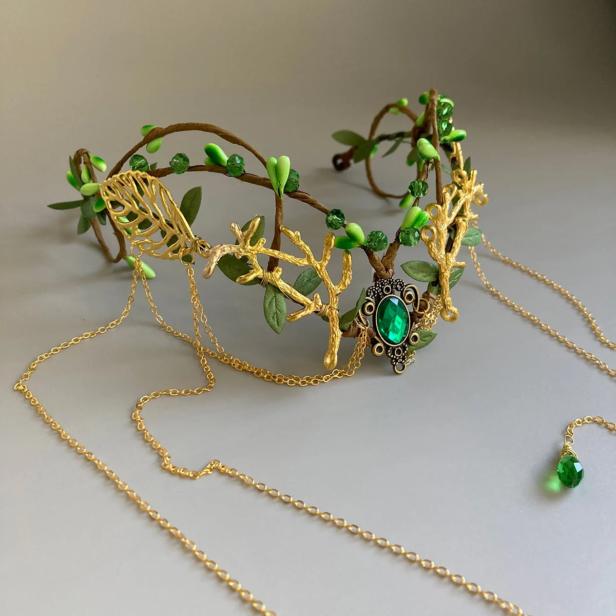 Elf ear cuffs Green Rattan Bridal Fairy Crown Woodland Wedding Tiara Elven Flower Circlet Fairy Diadem Flower Greenery  Headband
