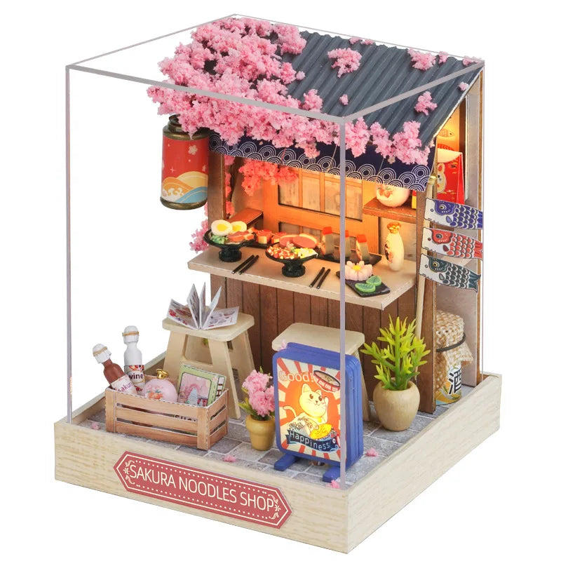 DIY Wooden Miniature Model Kit Japanese Cherry Blossoms Noodles Shop Casa 3D Puzzle Villa Dollhouse With Furniture Friends Gifts