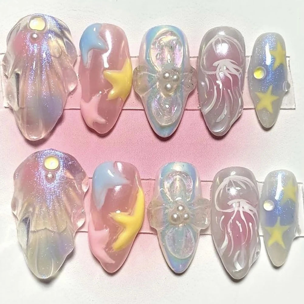 10Pcs 3D Flower Bow Gel Acrylic Nails Almond