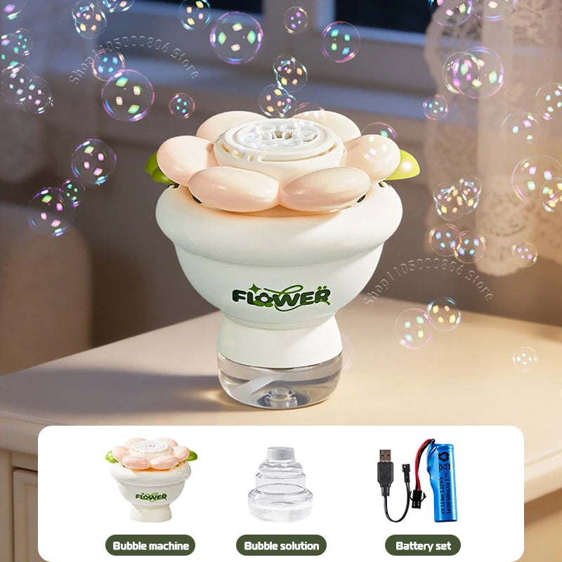 Mini Flower Bouquet Bubble Machine Automatic High Output Bubble Blower with Lights Cute Handheld Toy For Kids Wedding Party