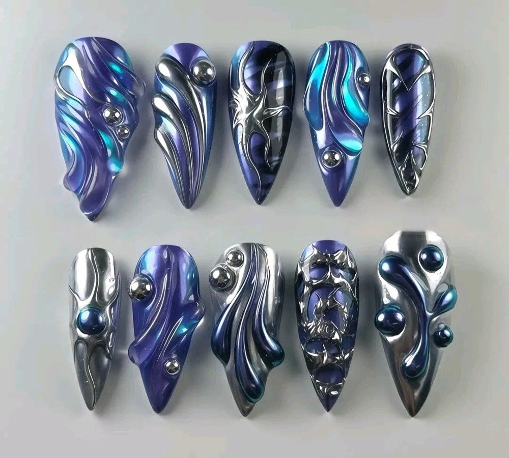 10Pcs 3D Flower Bow Gel Acrylic Nails Almond
