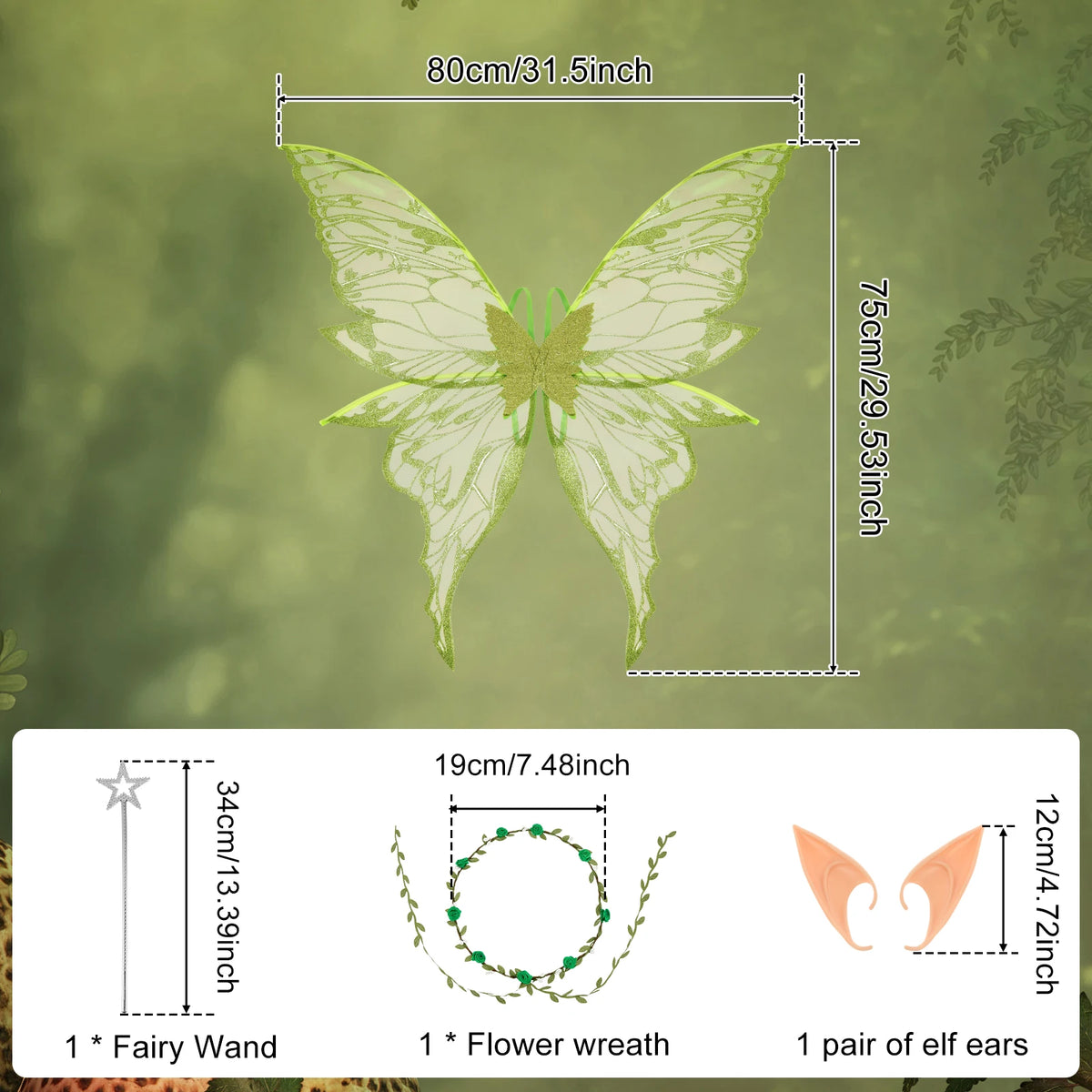 Elf Wing Dress Up Fairy Costume Set with Floral Garland Fairy Hair Tinsel Wand and Elf Ear Princess Halloween Costume Photo Prop