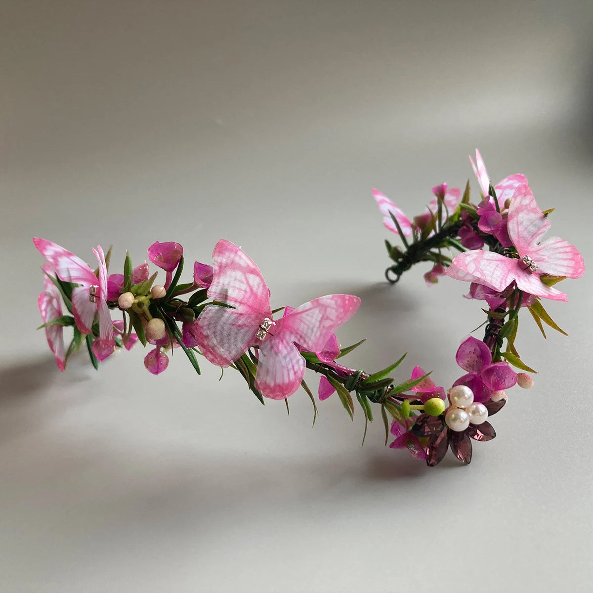 Purple Butterfly Flower Crown Bridal Halo Headband ELF Tiara with Adjustable Ribbon or Women Wreath Crown Wedding Floral Garland
