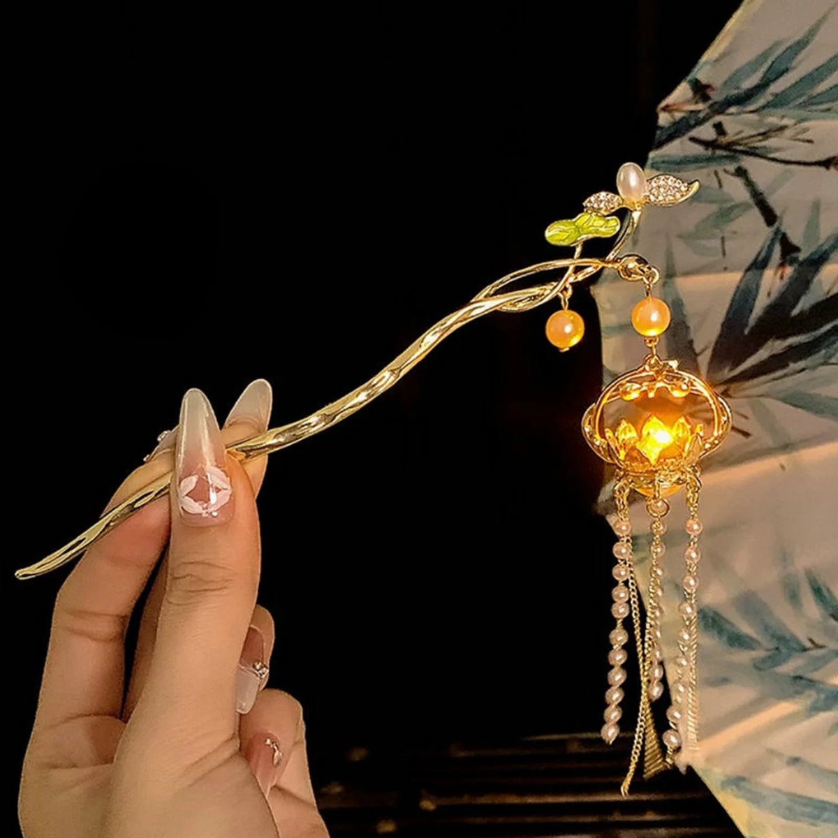 Luminous Flower Hairpin Lotus Light Lantern Tassel Hair Stick