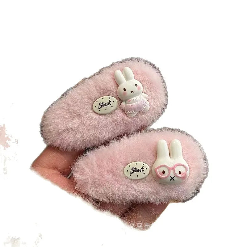 Cute Pink Plush Miffy Hair Clip - Japanese Cartoon Hairpin for Girls, Autumn/Winter Bangs Accessory
