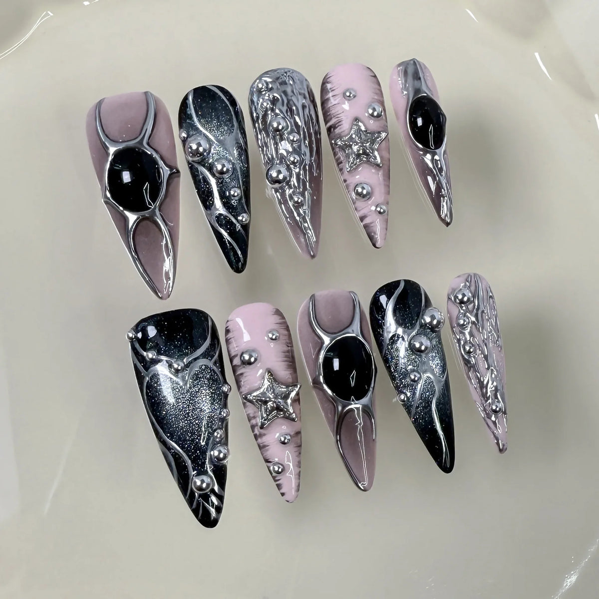 Halloween Long Coffin Gothic Metallic Acrylic Nails