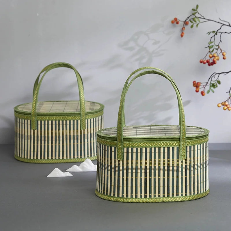 Handcrafted Bamboo Tote Eco-friendly Fordable Picnic Basket Handmade Gift Box for Festival/market Natural Durable Lunch Bag