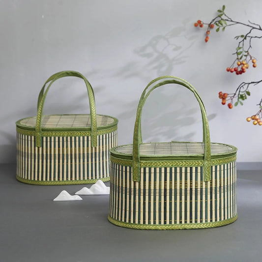Handcrafted Bamboo Tote Eco-friendly Fordable Picnic Basket Handmade Gift Box for Festival/market Natural Durable Lunch Bag