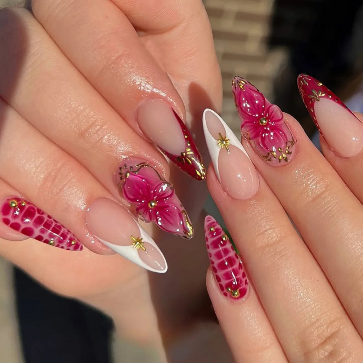 24pcs Long Almond Sweet Flower Pink with Shell Pearl Design Acrylic Nails