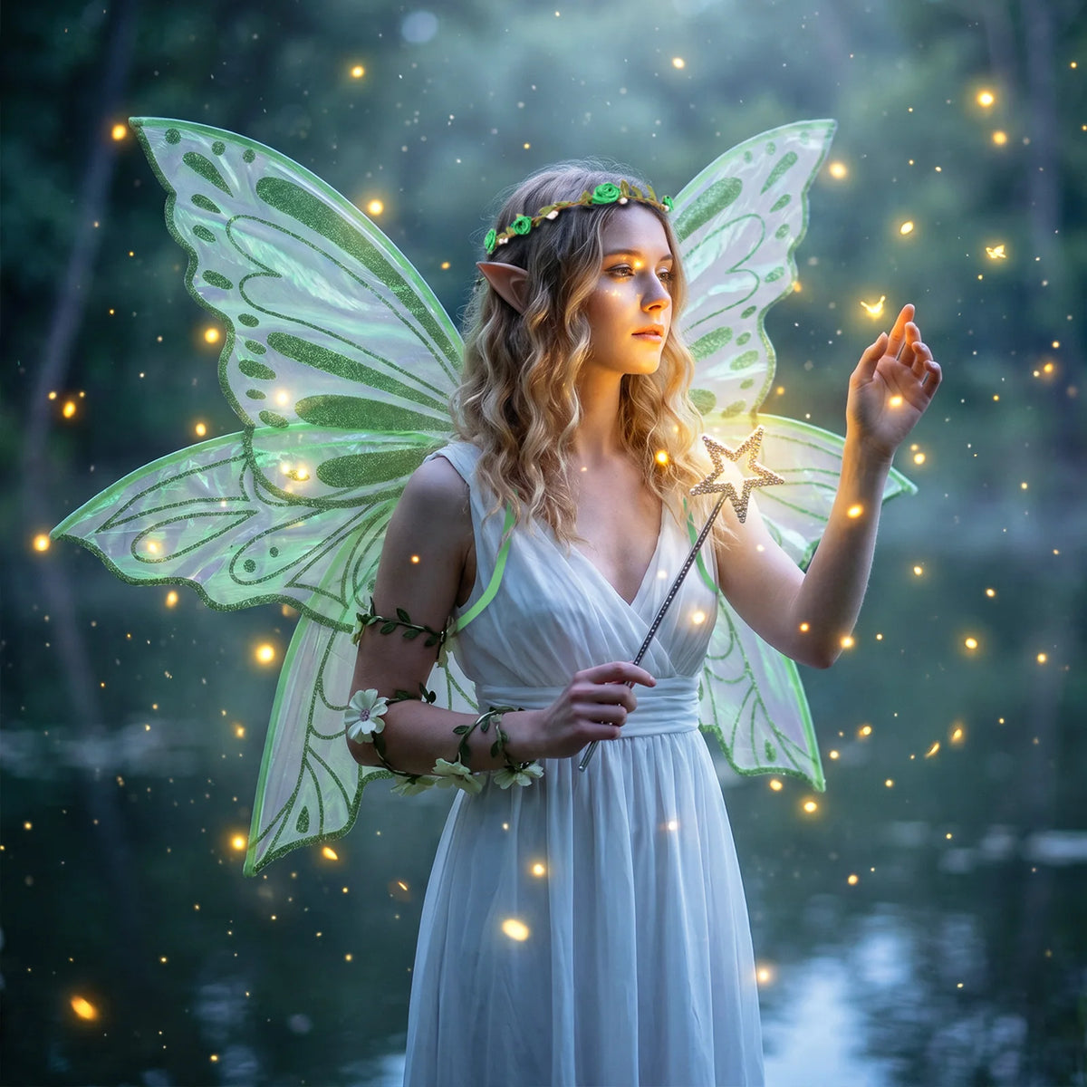 Elf Wing Dress Up Fairy Costume Set with Floral Garland Fairy Hair Tinsel Wand and Elf Ear Princess Halloween Costume Photo Prop