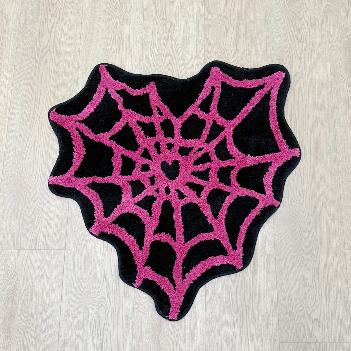 Heart Shaped Spider Web Tufted Rug, Pink Web Pattern Black Background Flocking Floor Mat, Anti-Slip Irregular Carpet for Gothic