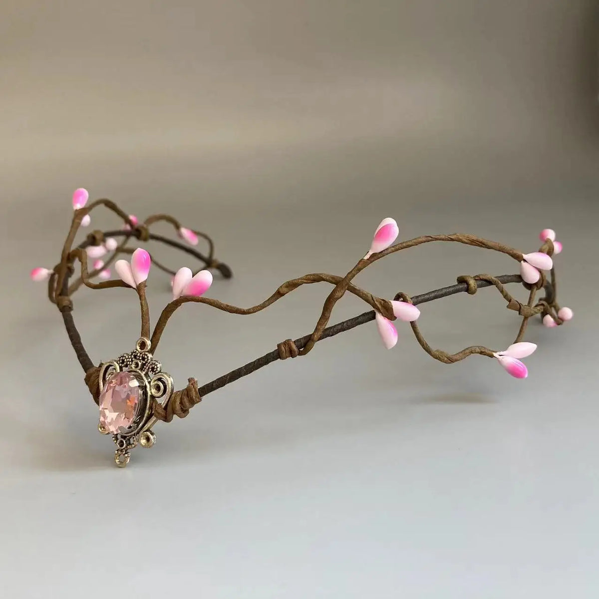 Woodland elf  Branches  Tiara Elven Headpiece Fairy Crown Circlet Moonstone With Pink Gem For Fairy Costume Women Diadem