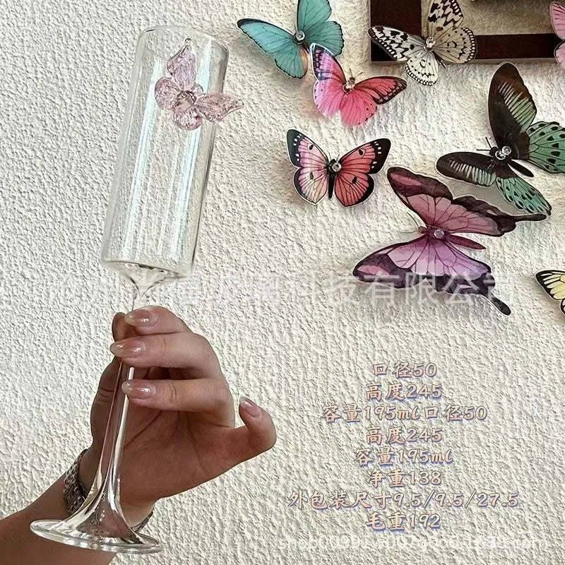 Pink Butterfly Champagne Flute High Borosilicate Glass Wine Goblet, Cute Cocktail Cup Wedding Party Home Table Decor, Ideal Gift
