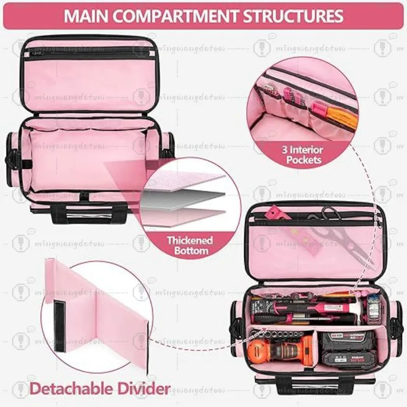 Pink Handheld Tool Bag with Anti-Wear Base, Multi-Pocket Storage Pouch for Electricians Carpenters Repairmen