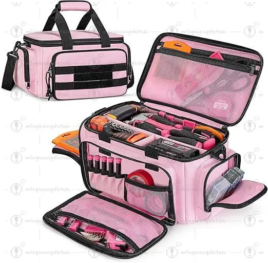 Pink Handheld Tool Bag with Anti-Wear Base, Multi-Pocket Storage Pouch for Electricians Carpenters Repairmen