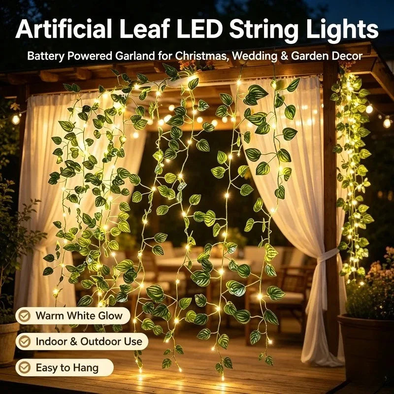 2M Artificial Leaf LED String Lights, 20 LED Battery Operated Flower Garland Fairy Lights for Party Garden Decor