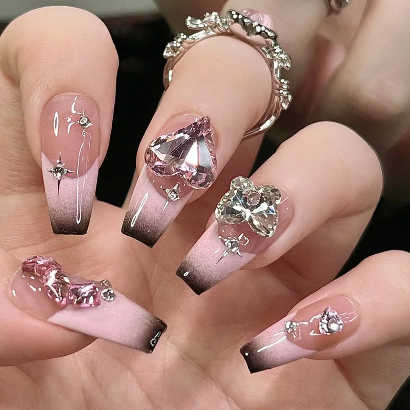 24pcs Kawaii Cartoon Rabbit Press On Nails Bowknots Diamond Decor Mid-length Coffin False Nail White French Blush Pink Fake Nail