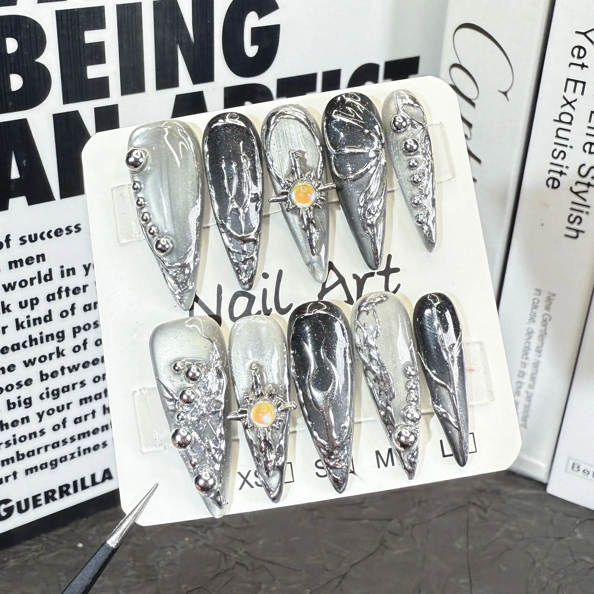 Halloween Long Coffin Gothic Metallic Acrylic Nails