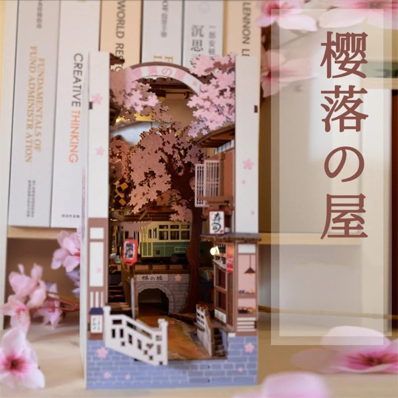 DIY Wooden Book Nook Shelf Insert Kits Miniature Cherry Blossom Bookends Japanese Doll Houses Toys Bookshelf Gifts Home Decor
