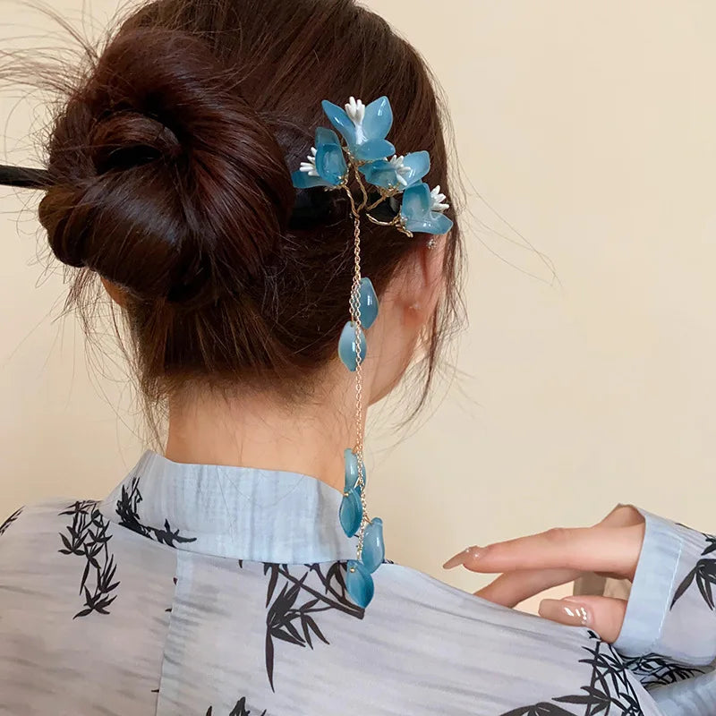 Chinese Style Blue Glaze Flower Hair Sticks