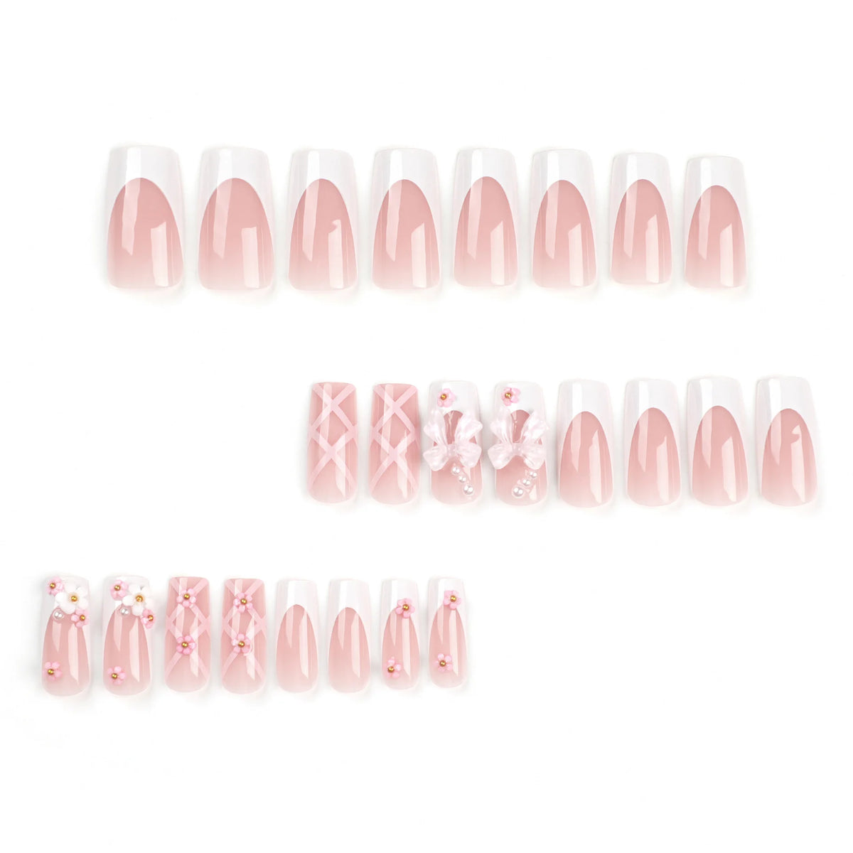 24Pcs 3D Bow Design Pink Long Square with Flower Rhinestone Acrylic Nails