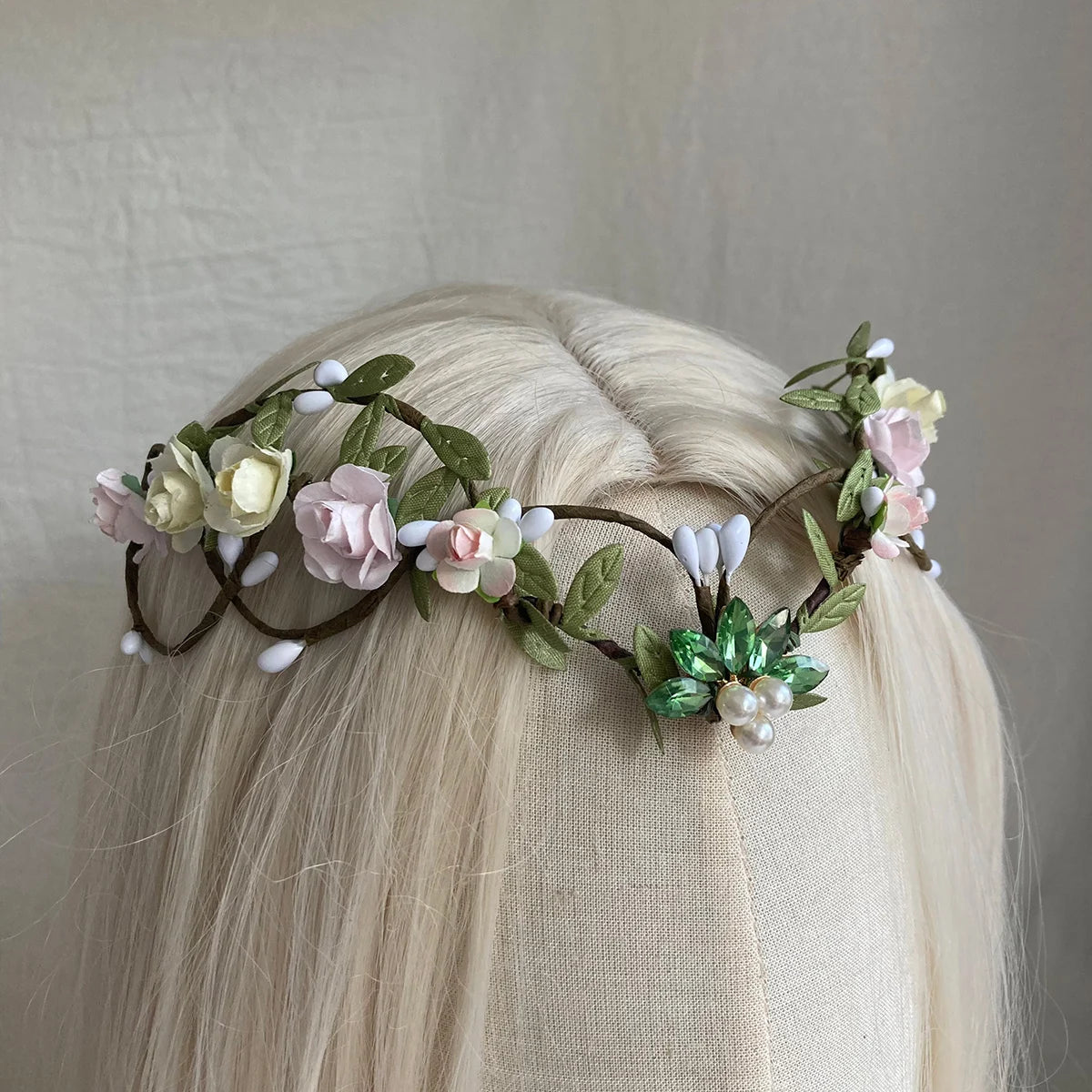 White Flower Fairy Crown - Handmade Rose Woodland Headpiece Forest Elf Crown Elven Floral Circlet for Women Renaissance cosplay