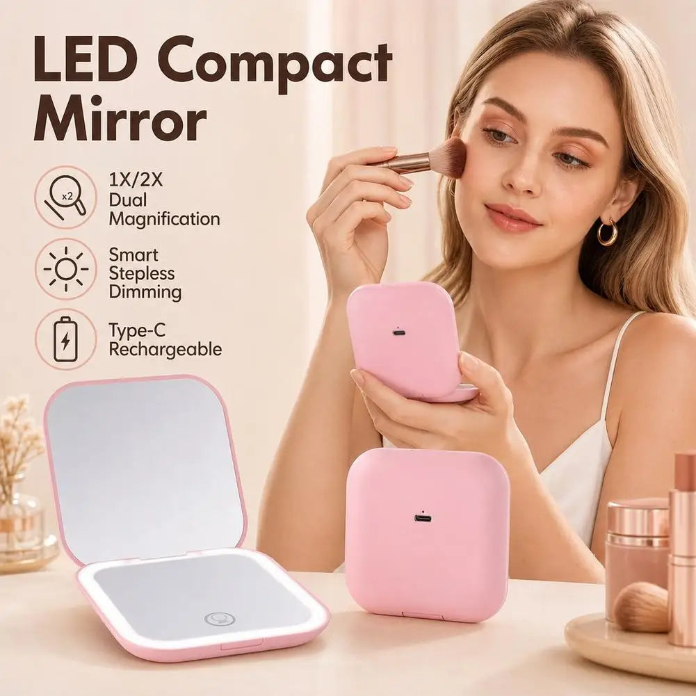 Portable Folding LED Makeup Mirror Rechargeable Handheld Mirror With 2X Magnification Pink Dual-Sided LED Lighted Makeup Mirror