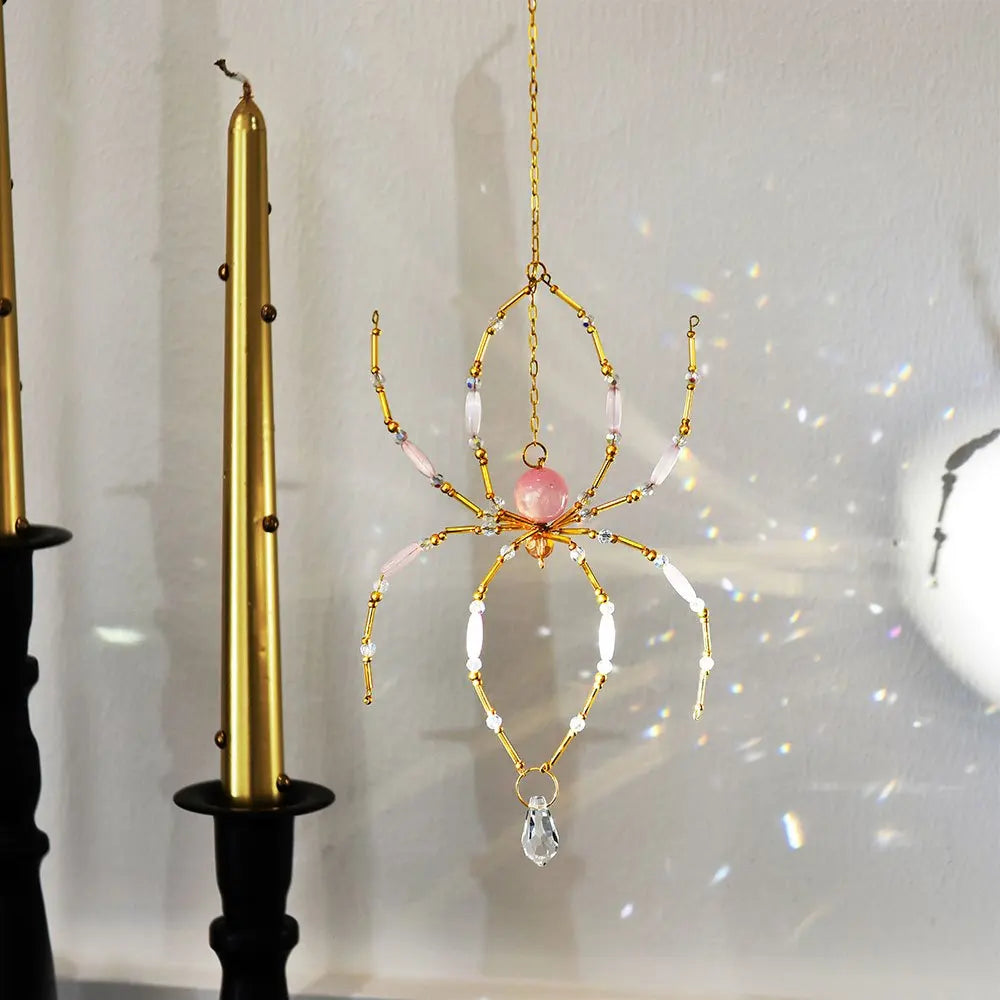 Crystal Pink Spider Suncatcher Pendant, Beaded Wire Spider Prism Light Catcher Hanging Decor for Window Wall Home Halloween