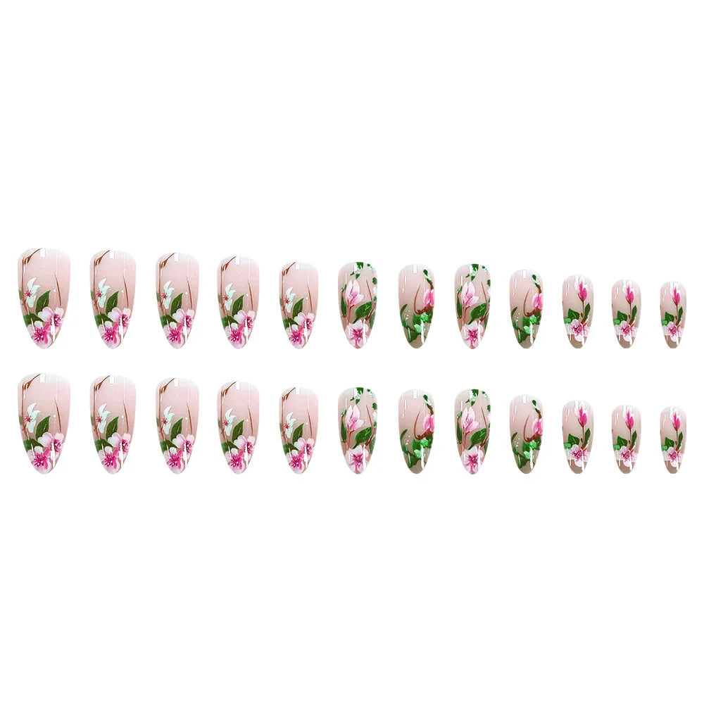 Short Almond Press on Nails 3D Flower Fake Nails with Glue Colorful Natural Acrylic False Nails Full Cover Press on Nails Set