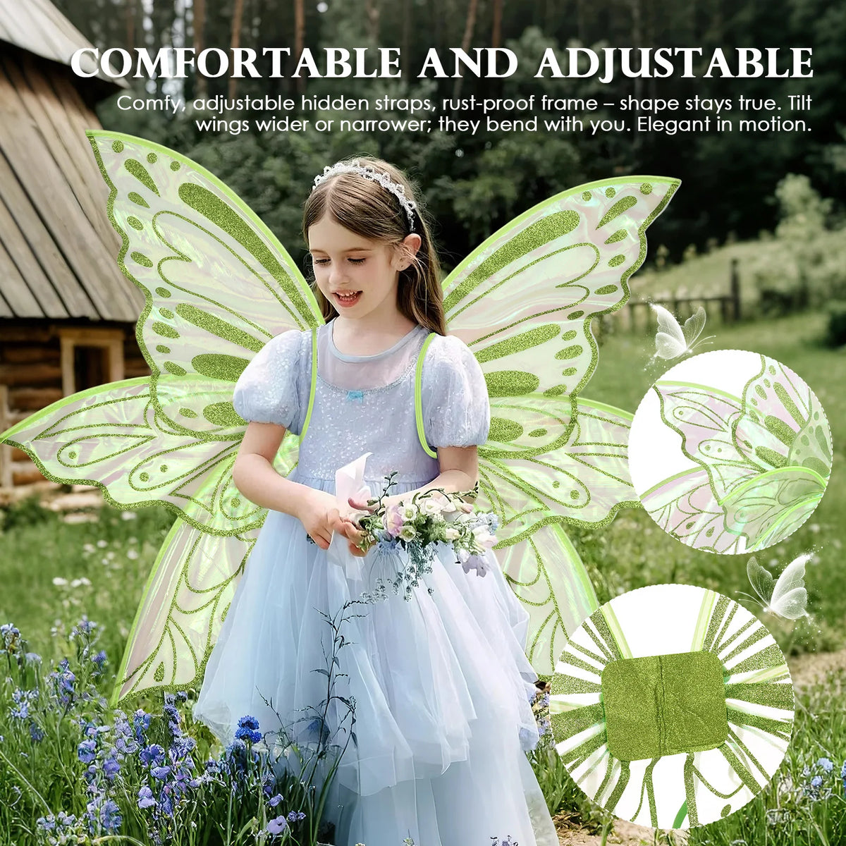 Elf Wing Dress Up Fairy Costume Set with Floral Garland Fairy Hair Tinsel Wand and Elf Ear Princess Halloween Costume Photo Prop