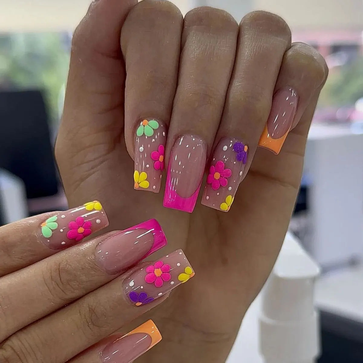 24pcs Mid-length Square Colorful Flower French Design Acrylic Nails