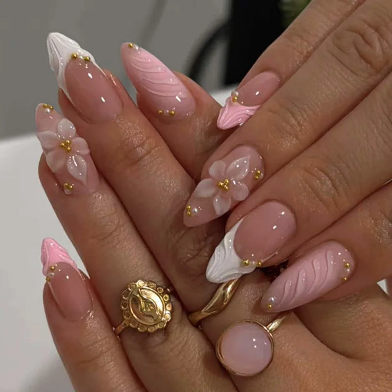 24pcs Long Almond Sweet Flower Pink with Shell Pearl Design Acrylic Nails