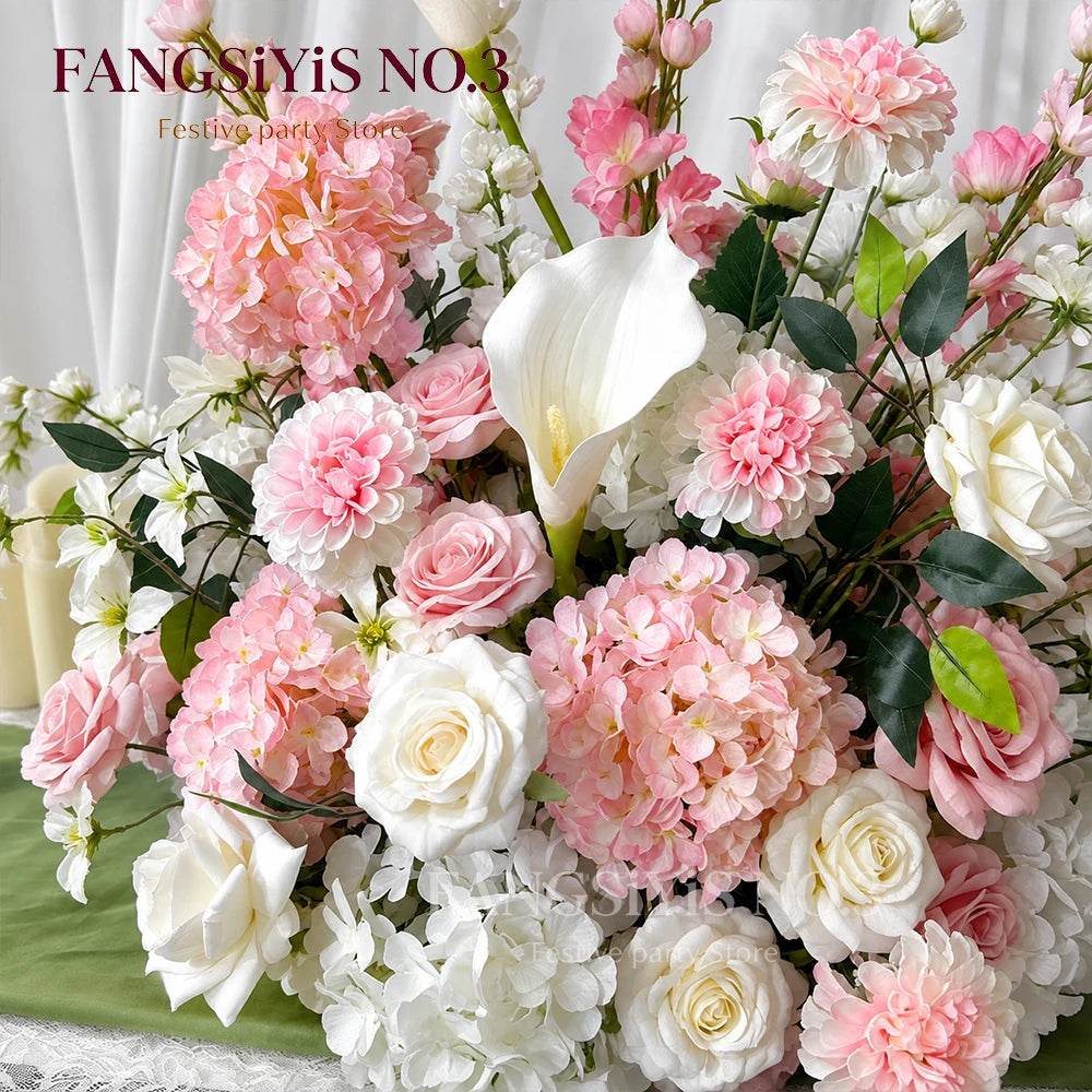 Luxury Pink White Artificial Flower Arrangement Calla Lily Hydrangea Rose Floral Centerpiece Wedding Table Party Backdrop Decor
