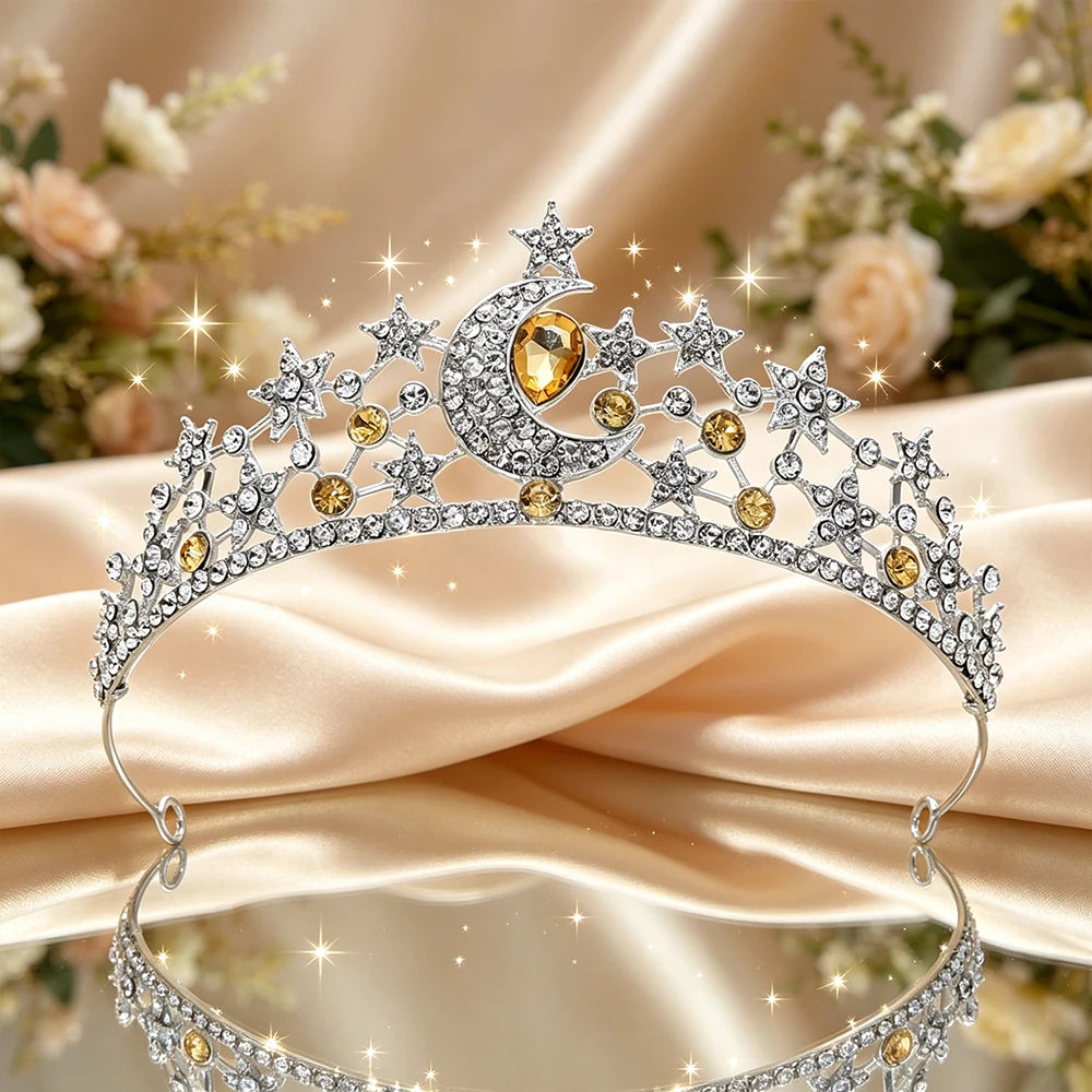 Moon Star Bridal Tiara Sparkling Rhinestone Celestial Queen Crown Dreamy Headpiece Wedding Pageant Fairy Themed Party Occasions