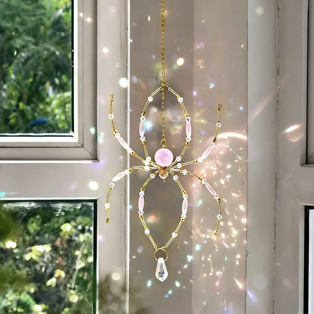 Crystal Pink Spider Suncatcher Pendant, Beaded Wire Spider Prism Light Catcher Hanging Decor for Window Wall Home Halloween