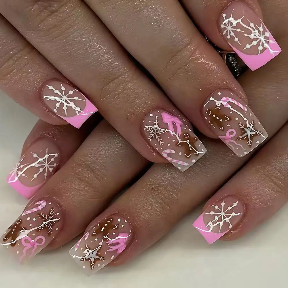Christmas Press‑on Nails Short Square Shape Pink French Edge Hand Drawn Snowflake Gingerbread Candy Cane Design False Nails