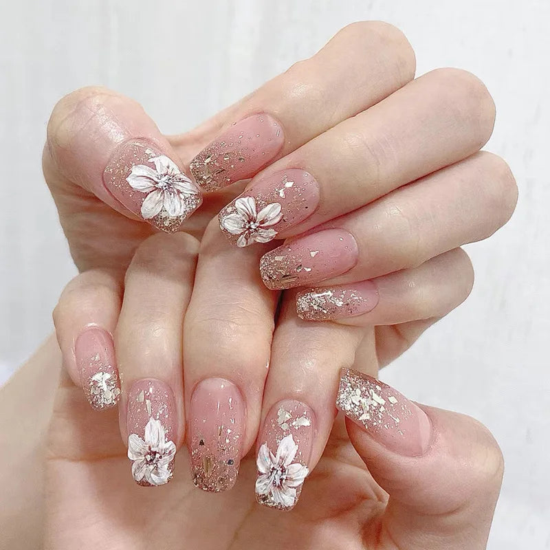 24pcs Mid-length Square Colorful Flower French Design Acrylic Nails