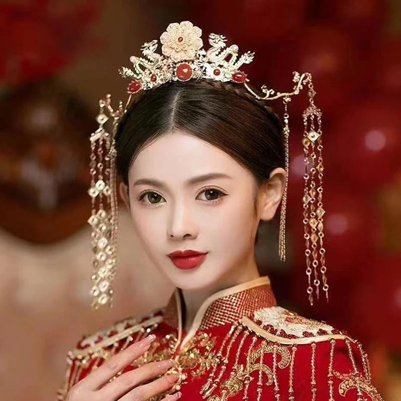 New#Tassel Headband Hanfu Hair Accessories Crowns Tiaras Wedding Party Bridal Headpiece For Xiuhe Dress
