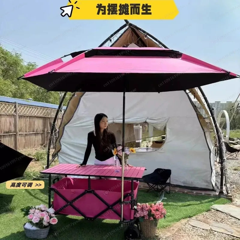 Large Foldable Stall Table Lift Trolley, Mobile Vendor Cart with Rainproof Sun Awning