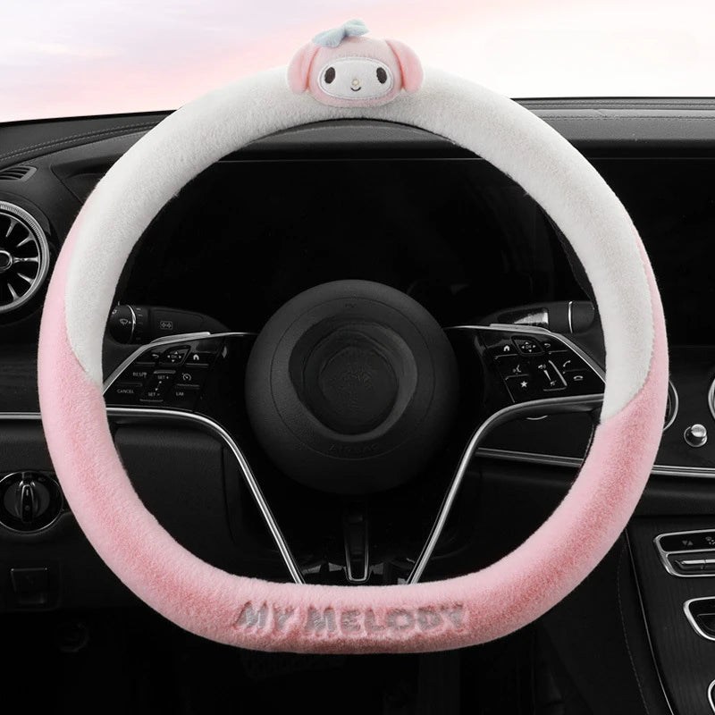 Sanrio Kawaii My Melody Steering Wheel Cover Cinnamoroll Anime Cartoon Cute Fashion Exquisite Plush Winter Steering Wheel Covers