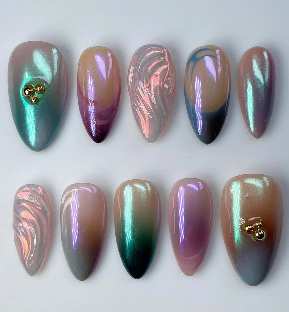 10Pcs 3D Flower Bow Gel Acrylic Nails Almond