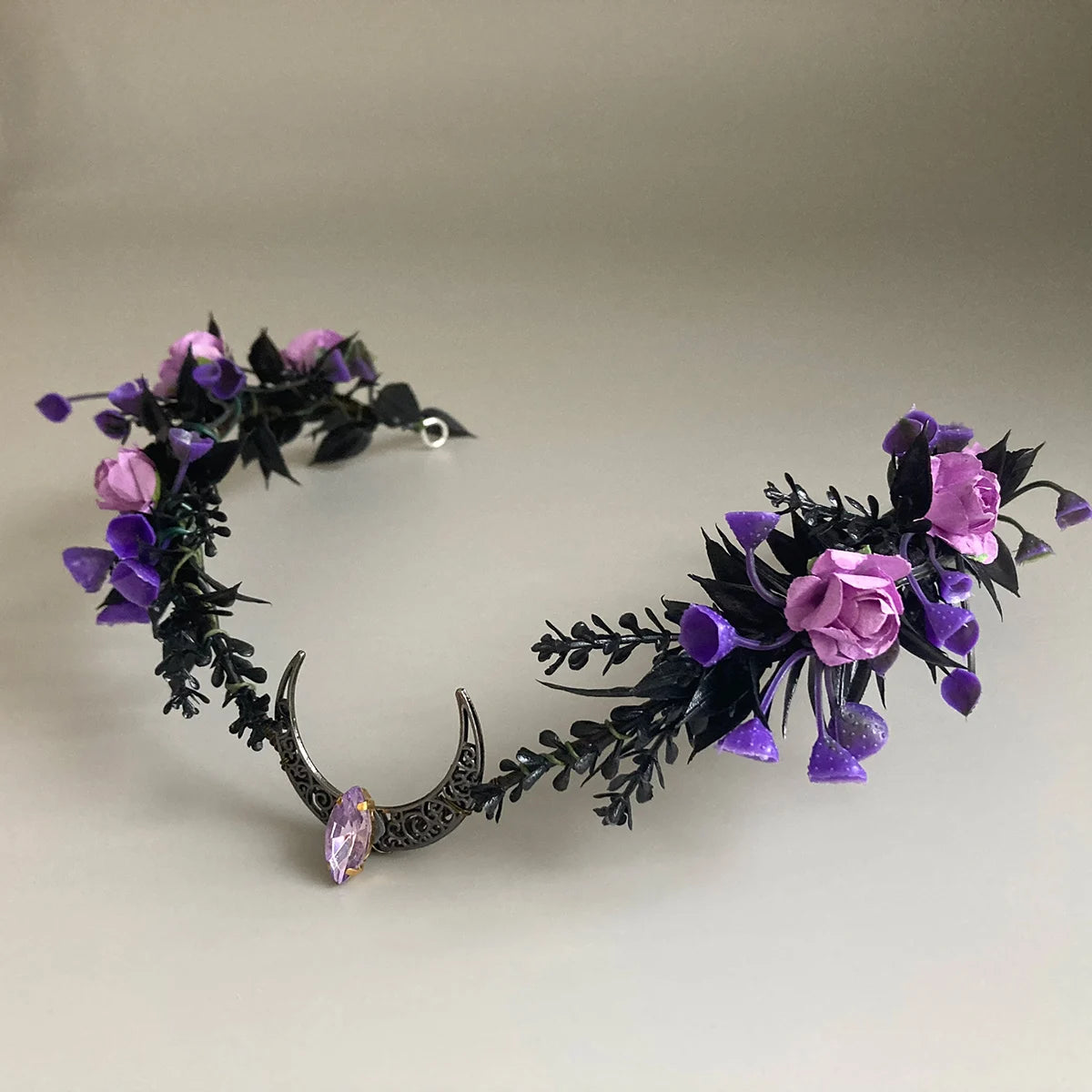 Black Elven Crown Purple Floral Woodland Crescent Tiara Headband Fairy Circlet Witch Headpiece Elvish Tiara Elven Diadem Renaiss