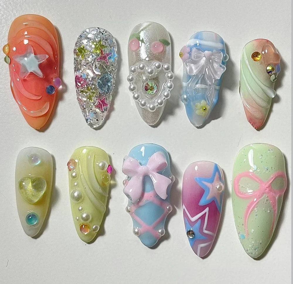 10Pcs 3D Flower Bow Gel Acrylic Nails Almond