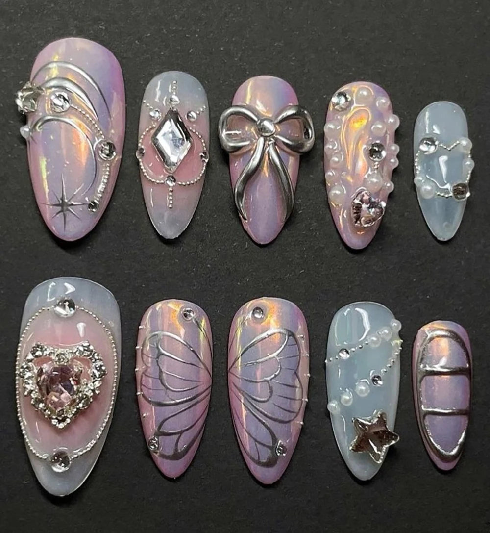 10Pcs 3D Flower Bow Gel Acrylic Nails Almond