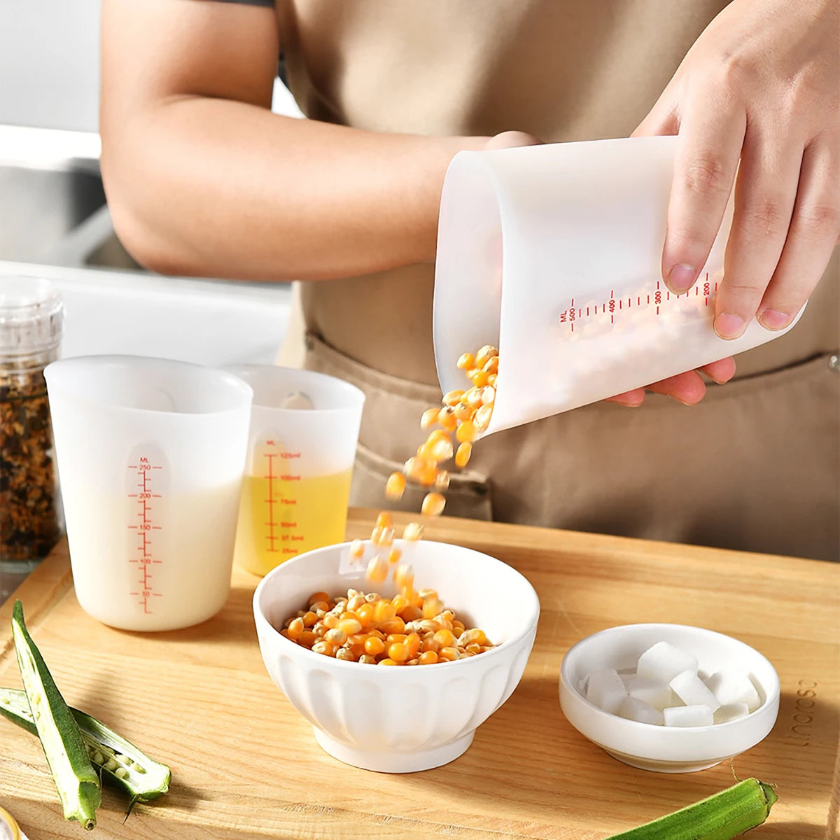 3pcs Pink Silicone Measuring Cup Set Dual Scale ML/OUNCE Visible Measuring Cup Kitchen Baking Tool Heat-resistant Measuring Cup