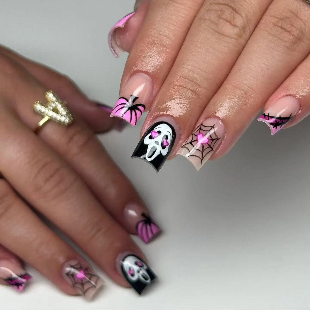 24pcs Long Square Press On Nails, Nude Black Pink French Tips with Ghost Bat Spider Web Blood Drip Print, Sweet Gothic Halloween