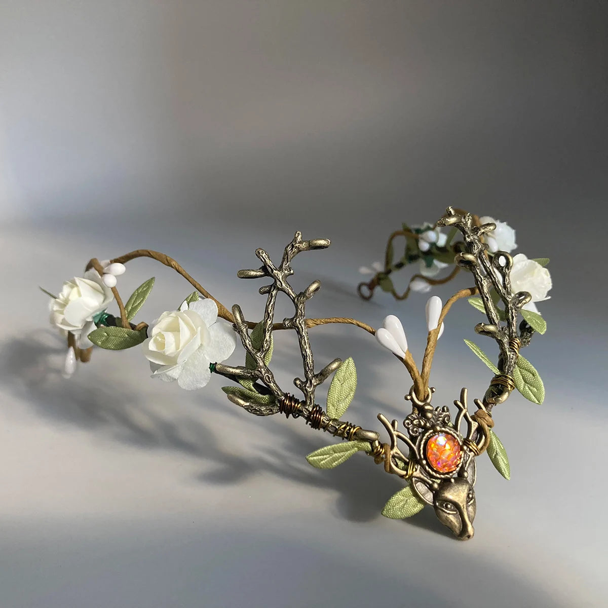 White Flower Fairy Crown - Handmade Rose Woodland Headpiece Forest Elf Crown Elven Floral Circlet for Women Renaissance cosplay