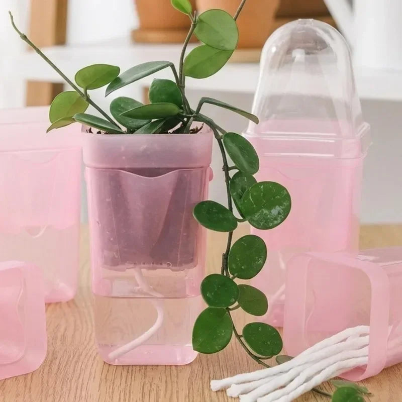 Transparent Pink Self Watering Pots Self Watering Planter Drainage Holes Plant Pots Garden Seedlings Flowerpot Nursery Cups