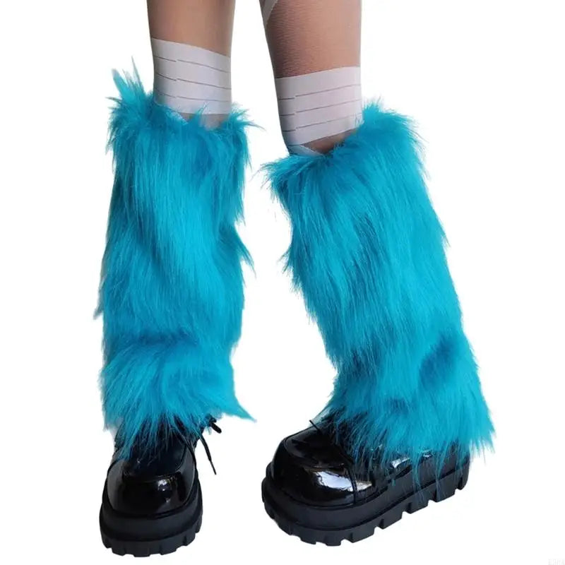 E56A Plush Furry Leg Warmers for Women Winter Boot Toppers Thermal Warm Bright Blue Fuzzy Foot Covers Footless Socks Gaiters