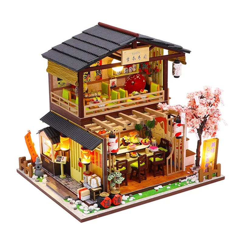 DIY Wooden Miniature Model Kit Japanese Sushi Store Casa Doll Houses 3D Puzzle Dollhouse With Furniture Lights for Friends Gifts